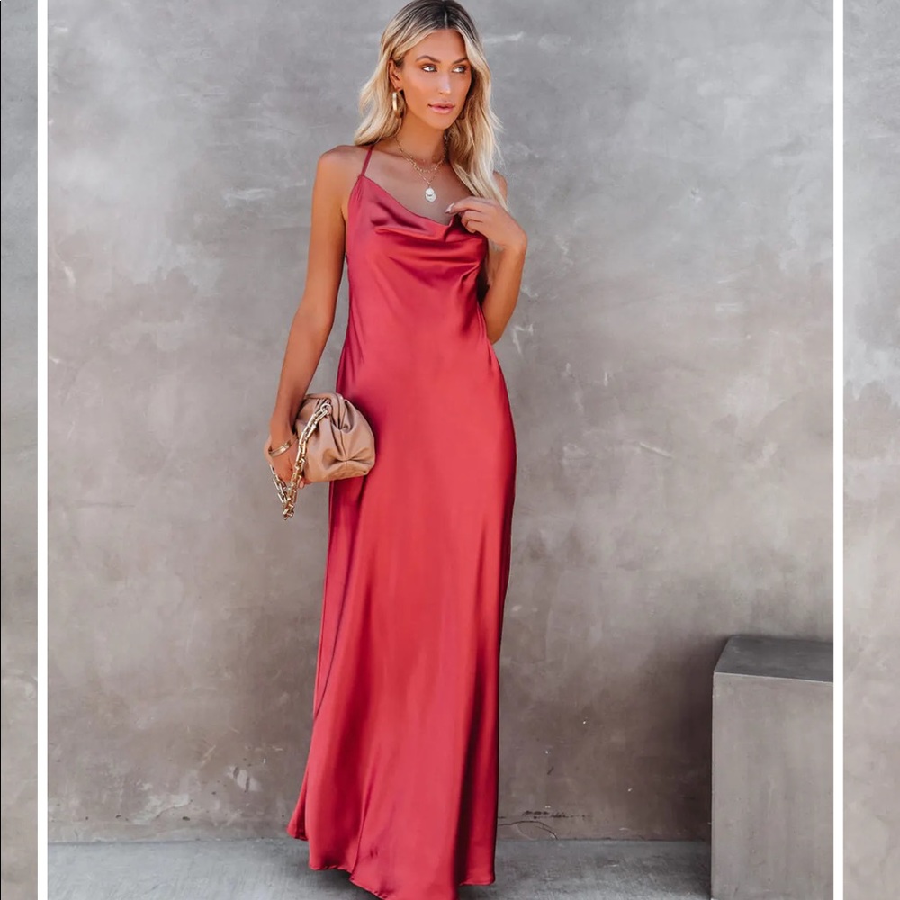 Vici Love Letter Satin Cowel Neck Maxi Dress
